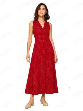 Vintage Bentley Red Polka Dot Button Front Midi Maxi Dress M 90s